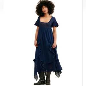 Free People Free-est Bring the Romance Navy Blue Flowy Boho MidiDress Sz: Small